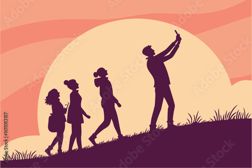 Diverse people silhouettes taking selfies on grassy hill at sunset