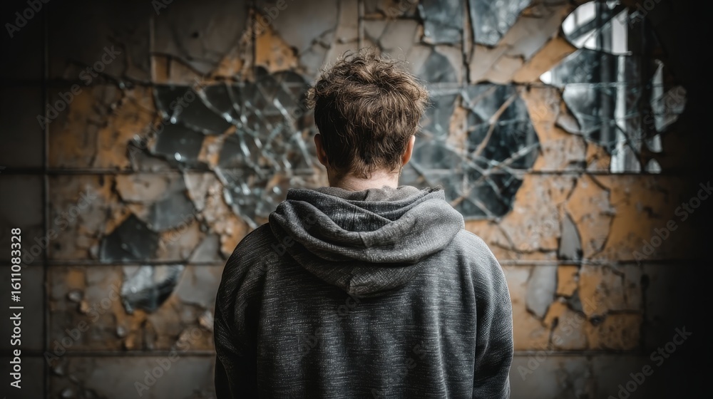 Naklejka premium A solitary figure in a gray hoodie stands with back turned, facing a cracked wall with shattered glass,