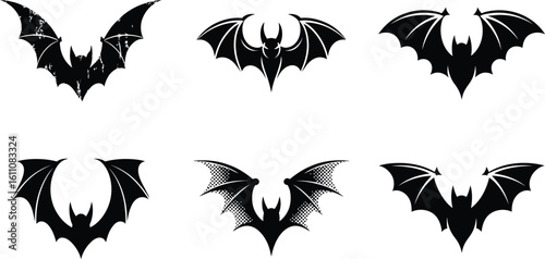 Black bats flying spread wings silhouette