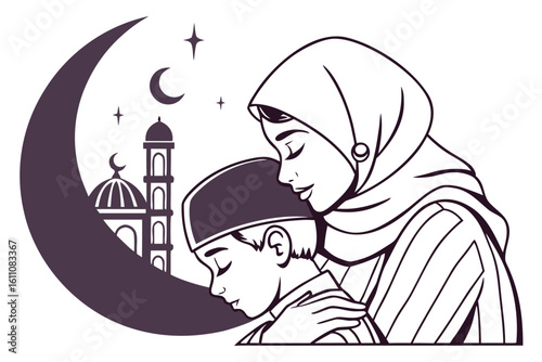 Muslim mother and son embracing with mosque and crescent moon