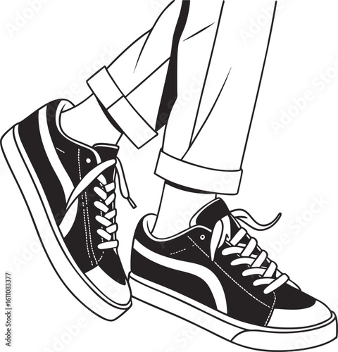 Urban Footwear: A stylish and modern pair of black sneakers, laced up with meticulous detail, adorn the lower legs of an individual, epitomizing casual elegance in urban fashion. 