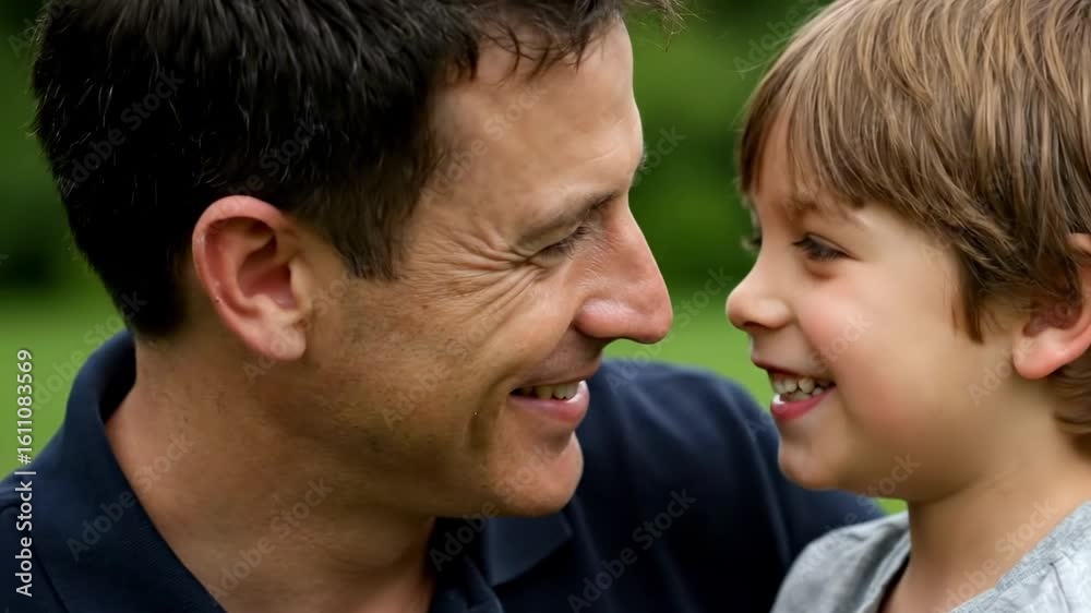 A joyful moment between a father and his young son, sharing smiles and laughter outdoors in a lush green park, capturing the essence of family bonding and happiness A joyful moment between a father and his young son, sharing smiles and laughter outdoors in a lush green park, capturing the essence of family bonding and happiness