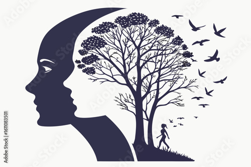 Silhouette of woman's head with tree and birds inside