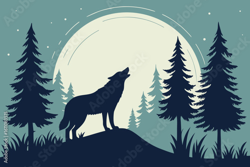 Silhouette wolf howling at moon in pine forest night 1