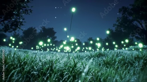 Magical Fireflies Glowing in Lush Green Grass at Night