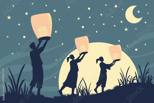 Silhouettes of people releasing lanterns under a crescent moon