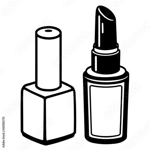 Black and white illustration of lipstick and nail polish
