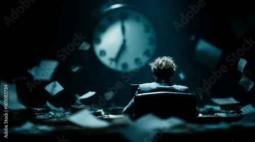 A person sits at a cluttered desk under dim blue light, facing a large wall clock showing ten past two,