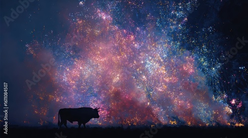 Colorful abstract Patriotic photorealistic scene of a triumphant bull silhouetted against fireworks