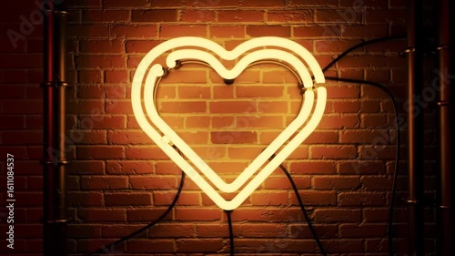 Glowing Yellow Neon Heart Sign on a Rustic Brick Wall