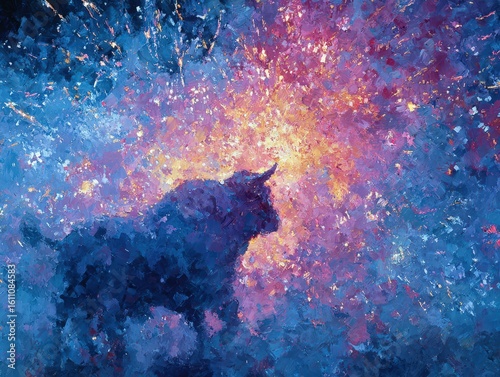 Colorful abstract Patriotic photorealistic scene of a triumphant bull silhouetted against fireworks