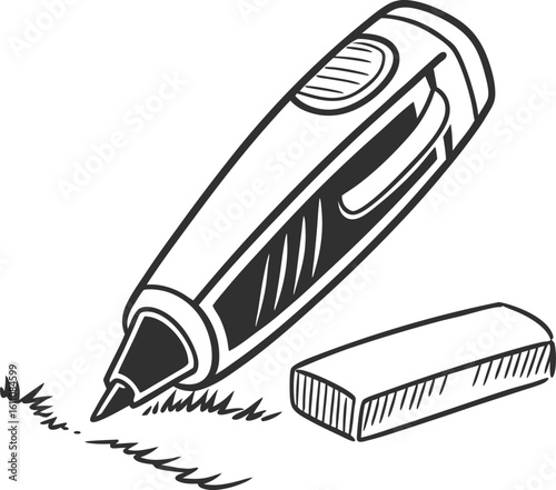 Artistic Mark: A meticulously crafted pen poised to inscribe its mark, alongside a rectangular eraser, poised in anticipation of erasing a singular stroke.