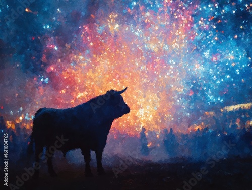 Colorful abstract Patriotic photorealistic scene of a triumphant bull silhouetted against fireworks