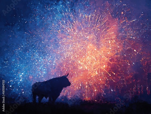 Colorful abstract Patriotic photorealistic scene of a triumphant bull silhouetted against fireworks