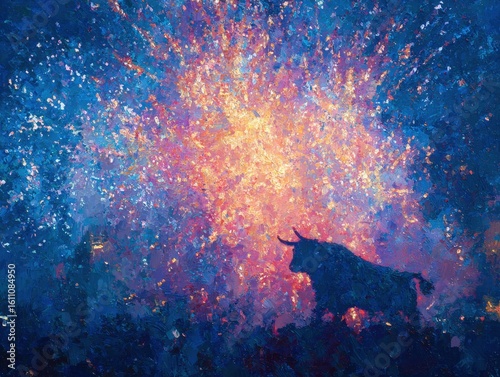Colorful abstract Patriotic photorealistic scene of a triumphant bull silhouetted against fireworks