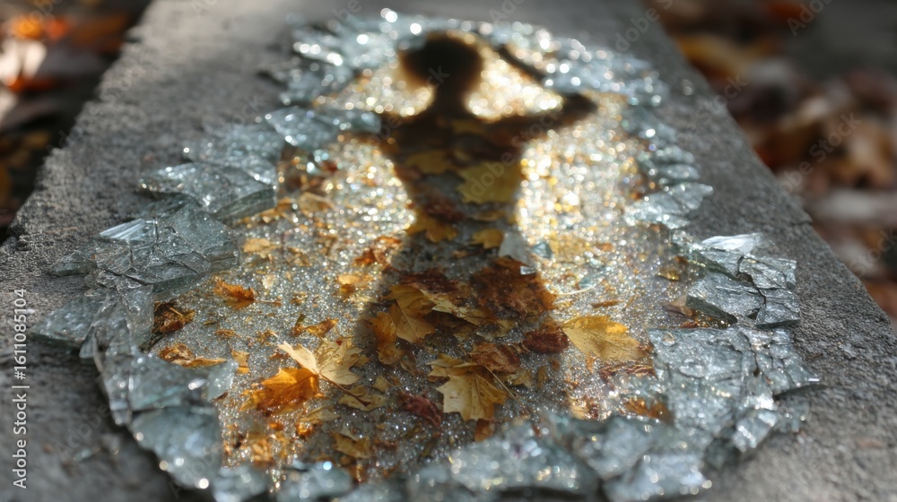 Fototapeta premium Sunlight refracts through scattered transparent crystal fragments on a rough concrete ground,