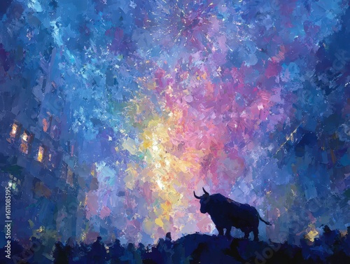 Colorful abstract Patriotic photorealistic scene of a triumphant bull silhouetted against fireworks