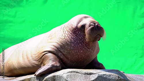Walrus rests on a rock in front of a bright green background, facing to the right