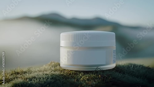 Cosmetic jar on mossy terrain against blurred mountains and fog in soft, natural light
