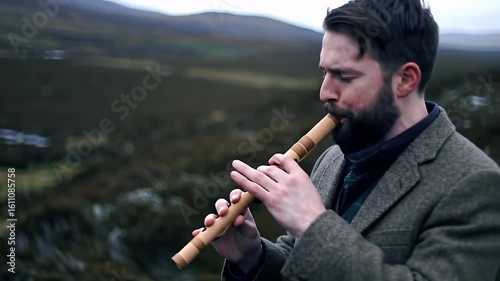 Bearded man plays flute outdoors wearing tweed coat against a blurred mountain backdrop