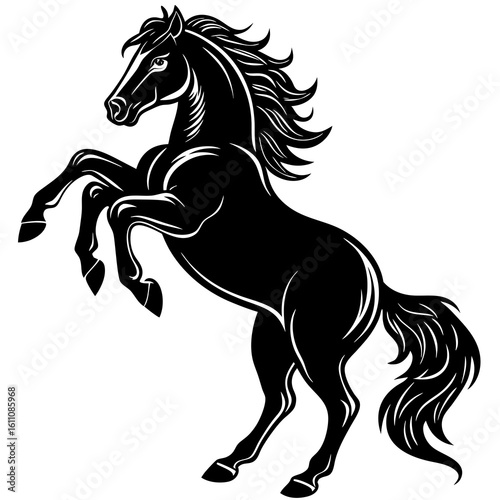 A majestic horse silhouette rearing up on its hind legs, front hooves suspended, on a clean white background.



