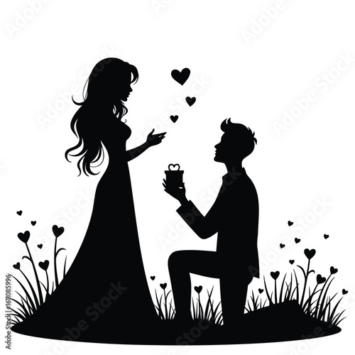 Couple proposing with gift and hearts proposal engagement