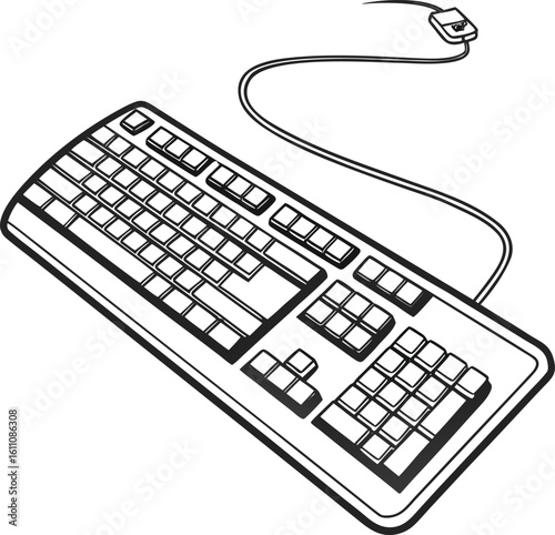 Keypad Monochrome: A detailed monochrome rendering of a classic computer keyboard, the instrument of digital communication.