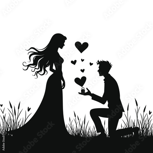 Couple proposing with hearts and grass silhouette proposal