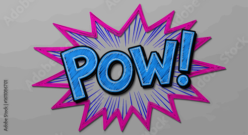 Vibrant pop art illustration of the classic comic book sound effect Pow! in a pink and blue starburst explosion.