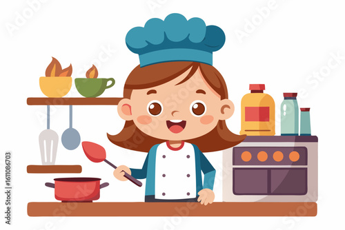 Wearing a chef hat and apron, the child is seen preparing food with joy, ideal for educational materials, kids’ cookbooks, food blogs, culinary posters, and children’s activity books. 