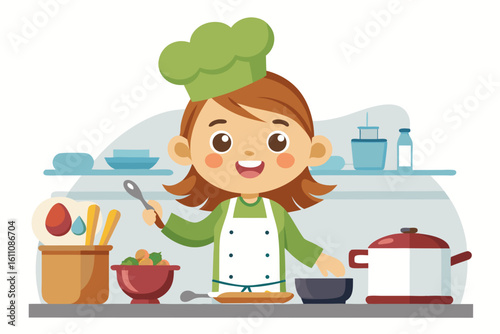 Wearing a chef hat and apron, the child is seen preparing food with joy, ideal for educational materials, kids’ cookbooks, food blogs, culinary posters, and children’s activity books. 