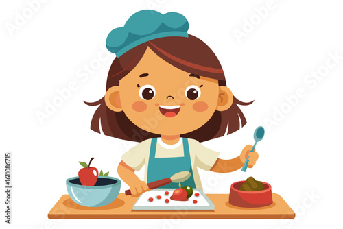 Wearing a chef hat and apron, the child is seen preparing food with joy, ideal for educational materials, kids’ cookbooks, food blogs, culinary posters, and children’s activity books. 