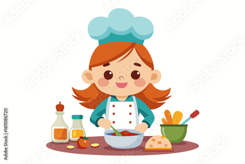 Wearing a chef hat and apron, the child is seen preparing food with joy, ideal for educational materials, kids’ cookbooks, food blogs, culinary posters, and children’s activity books. 