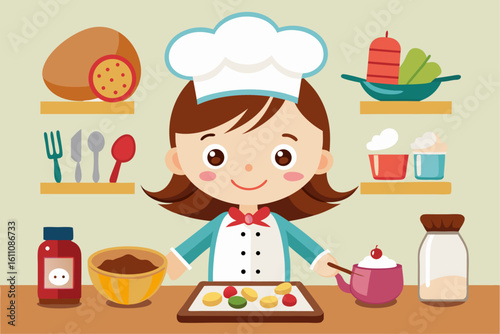 Wearing a chef hat and apron, the child is seen preparing food with joy, ideal for educational materials, kids’ cookbooks, food blogs, culinary posters, and children’s activity books. 