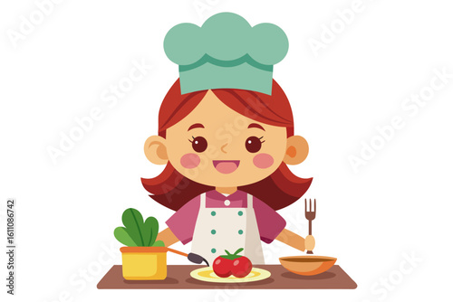 Wearing a chef hat and apron, the child is seen preparing food with joy, ideal for educational materials, kids’ cookbooks, food blogs, culinary posters, and children’s activity books. 