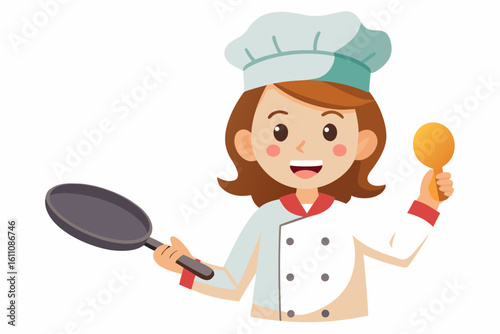 Wearing a chef hat and apron, the child is seen preparing food with joy, ideal for educational materials, kids’ cookbooks, food blogs, culinary posters, and children’s activity books. 