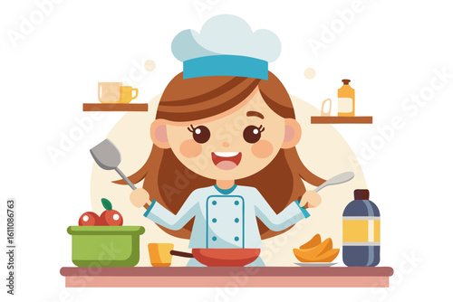 Wearing a chef hat and apron, the child is seen preparing food with joy, ideal for educational materials, kids’ cookbooks, food blogs, culinary posters, and children’s activity books. 