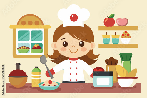 Wearing a chef hat and apron, the child is seen preparing food with joy, ideal for educational materials, kids’ cookbooks, food blogs, culinary posters, and children’s activity books. 