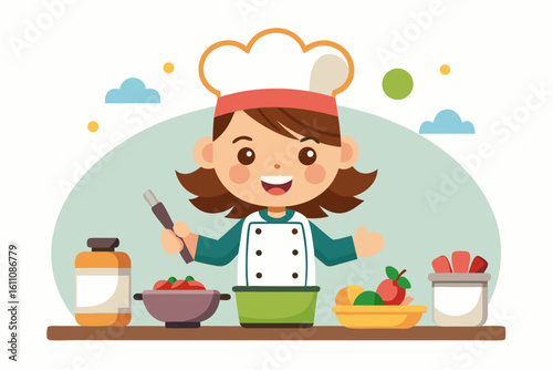 Wearing a chef hat and apron, the child is seen preparing food with joy, ideal for educational materials, kids’ cookbooks, food blogs, culinary posters, and children’s activity books. 