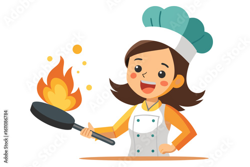Wearing a chef hat and apron, the child is seen preparing food with joy, ideal for educational materials, kids’ cookbooks, food blogs, culinary posters, and children’s activity books. 