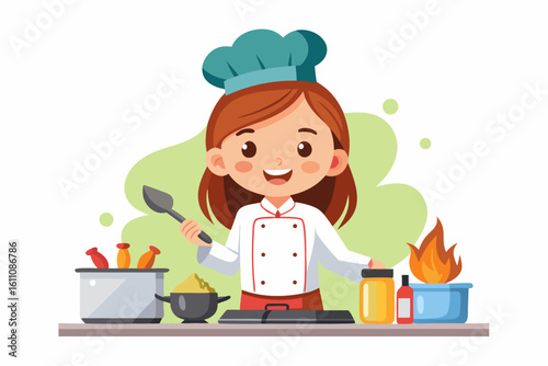 Wearing a chef hat and apron, the child is seen preparing food with joy, ideal for educational materials, kids’ cookbooks, food blogs, culinary posters, and children’s activity books. 