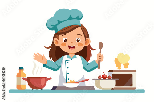 Wearing a chef hat and apron, the child is seen preparing food with joy, ideal for educational materials, kids’ cookbooks, food blogs, culinary posters, and children’s activity books. 