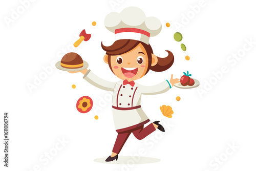 Wearing a chef hat and apron, the child is seen preparing food with joy, ideal for educational materials, kids’ cookbooks, food blogs, culinary posters, and children’s activity books. 