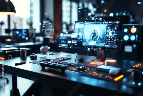 Futuristic Workspace Digital Interface Data Analysis Innovation Hub