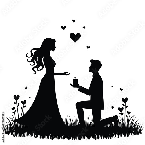 Man proposing to woman with ring in a heart filled scene silhouette couple