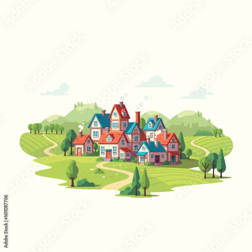 An idyllic cartoon village nestled among rolling green hills with colorful houses and winding paths under a clear sky.