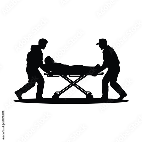 Paramedics carrying patient on stretcher silhouette isolated on white background
