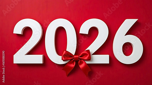 White 2026 Numbers with Red Gift Bow on Vibrant Red Background - New Year Celebration, Future, Festive Design, Calendar