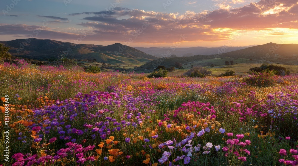 Fototapeta premium Scenic View of Vibrant Wildflower Meadow at Sunset with Majestic Mountains in the Background and Colorful Blooms Covering the Landscape