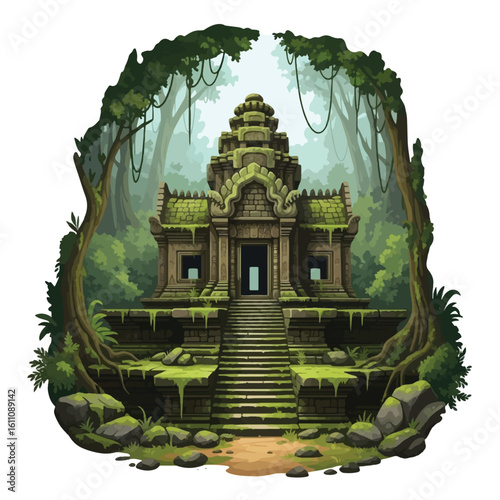 Ancient Khmer temple nestled within a lush, overgrown jungle.